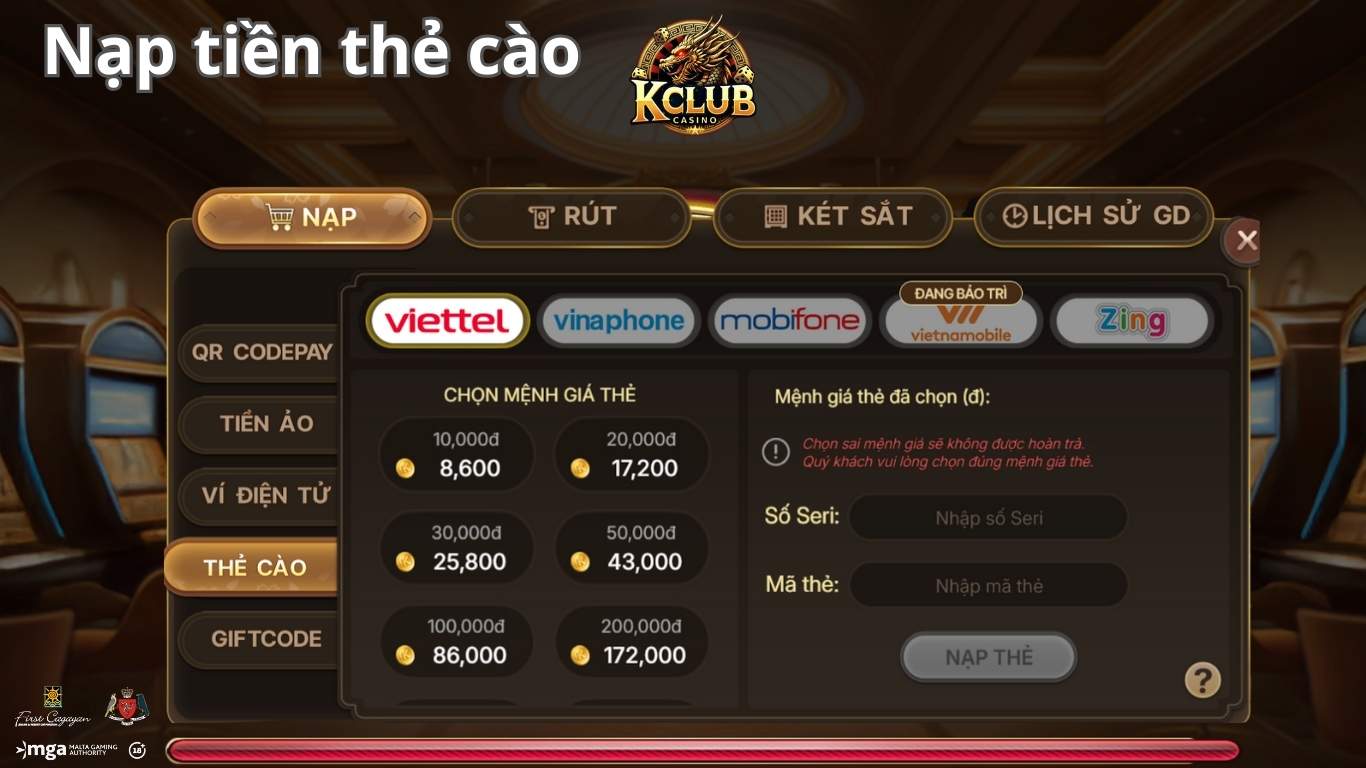 Nạp tiền Kclub - Thẻ cào Nạp tiền Kclub - Thẻ cào